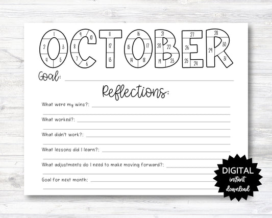 October Habit Tracker Coloring Sheet Printable, Month Habit Tracker Coloring Sheet, Monthly Reflections - PRINTABLE (N015_10A)
