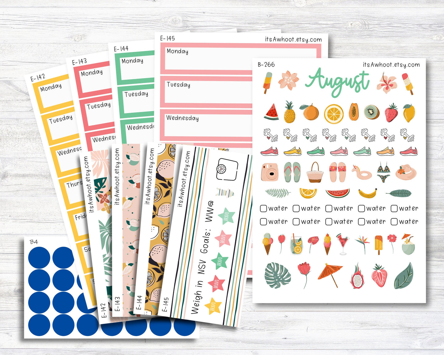 August Kit, Tropical Fruit Summer, Weight Loss Planner Stickers  (B266-August3)