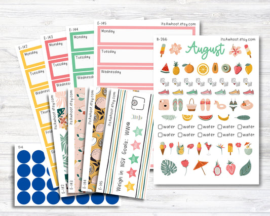 August Kit, Tropical Fruit Summer, Weight Loss Planner Stickers  (B266-August3)