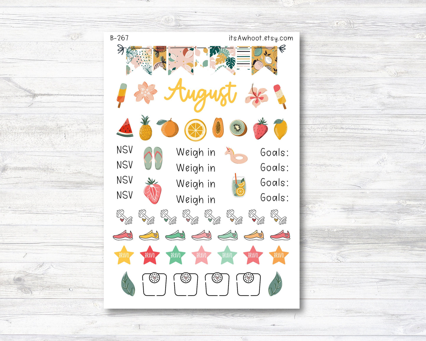 August Kit, Tropical Fruit Summer, Weight Loss Planner Stickers  (B266-August3)