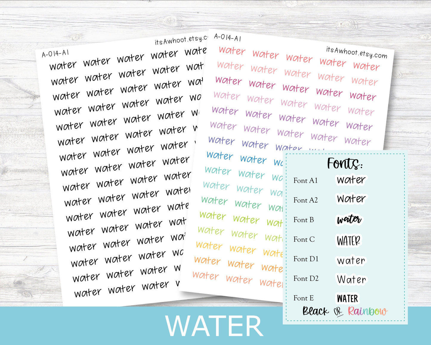 WATER Script Planner Stickers - Multiple Fonts/Colors Available (A014)