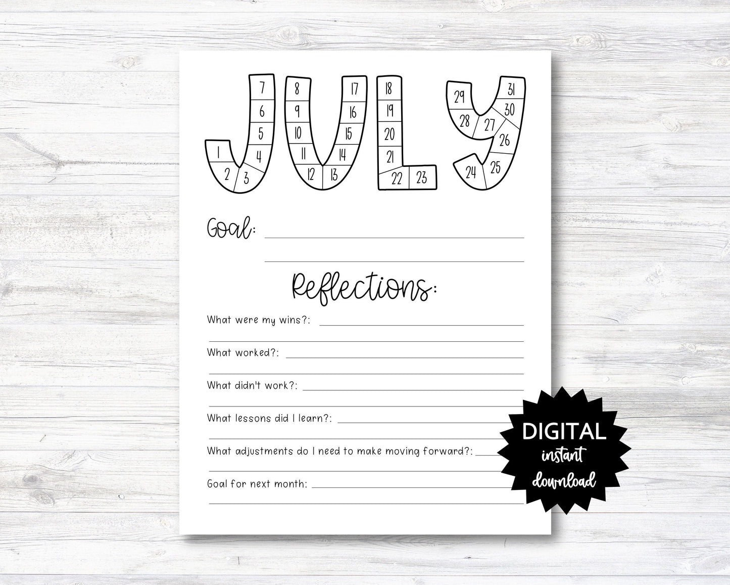 July Habit Tracker Coloring Sheet Printable, Month Habit Tracker Coloring Sheet, Monthly Reflections - PRINTABLE (N015_7A)