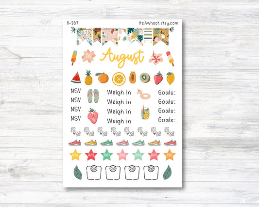 August Stickers, Weight Loss Planner Clipart - Tropical Fruit Summer (B267-August3)