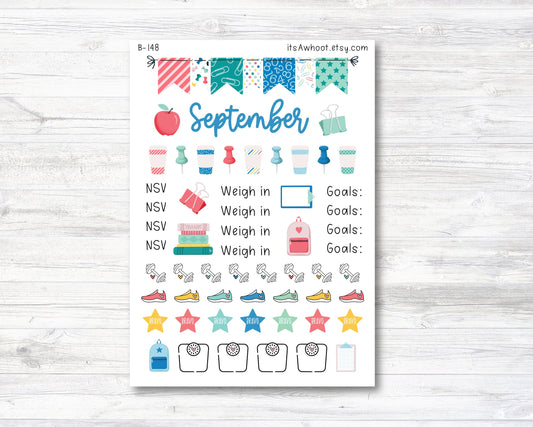 September Stickers, Weight Loss Planner Clipart - Back to School (B148-September3)