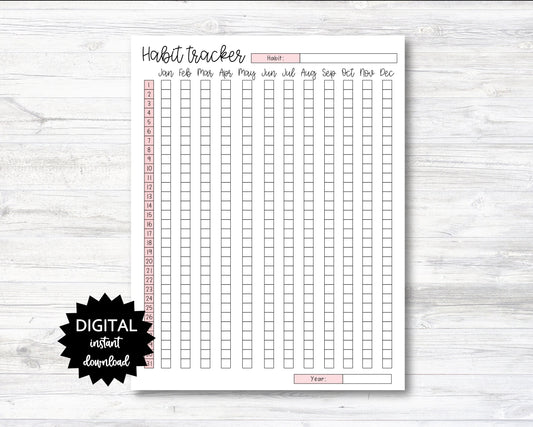 Yearly Habit Tracker Printable, Daily Habit Tracker, Month Habit Tracker - Portrait - PRINTABLE (N025)