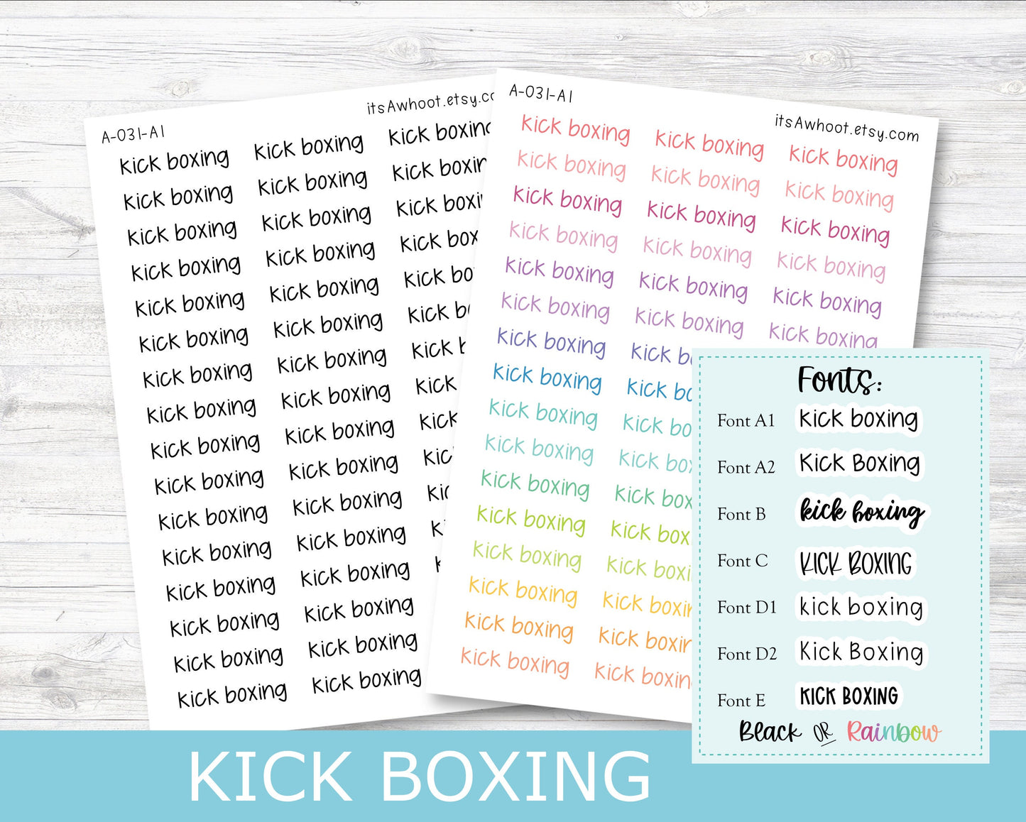 KICK BOXING Script Planner Stickers - Multiple Fonts/Colors Available (A031)