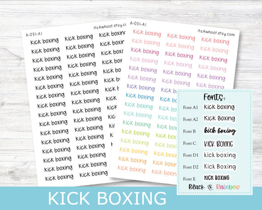 KICK BOXING Script Planner Stickers - Multiple Fonts/Colors Available (A031)