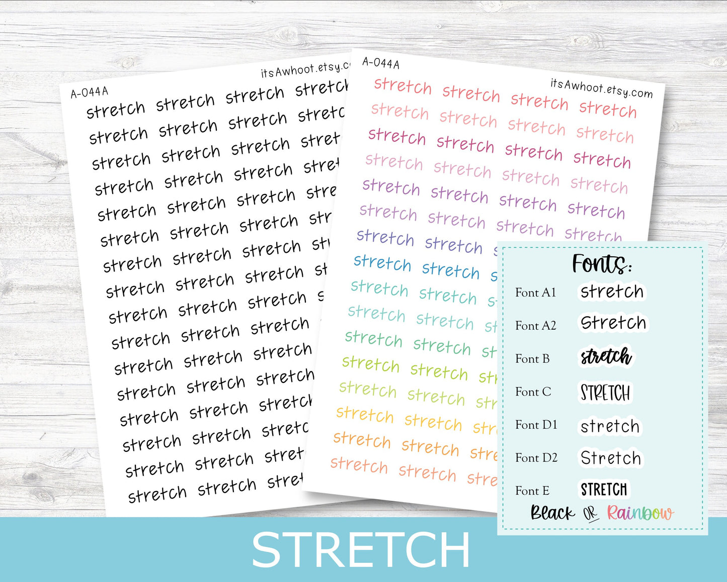 STRETCH Script Planner Stickers - Multiple Fonts/Colors Available (A044)