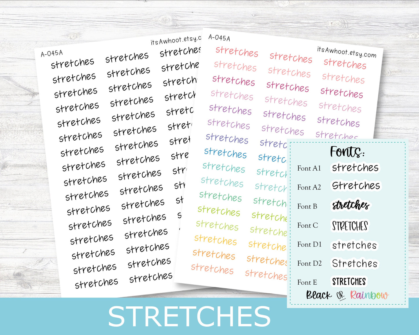 STRETCHES Script Planner Stickers - Multiple Fonts/Colors Available (A045)