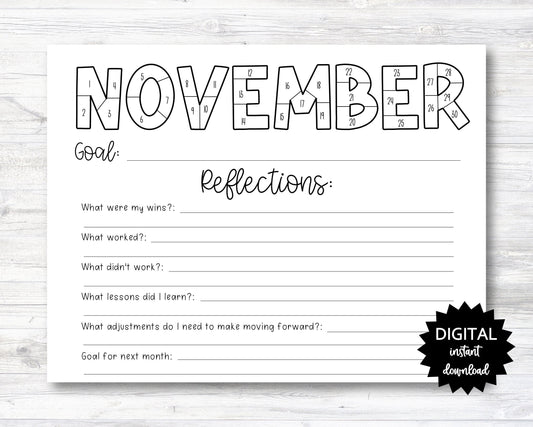 November Habit Tracker Coloring Sheet Printable, Month Habit Tracker Coloring Sheet, Monthly Reflections - PRINTABLE (N015_11A)