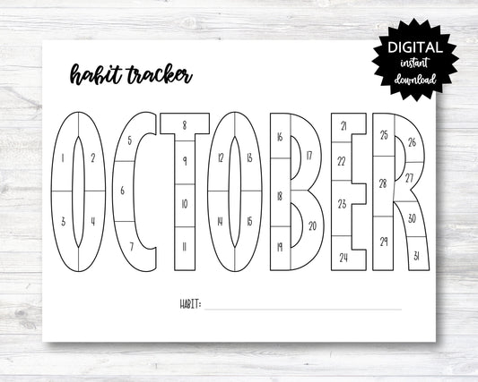 October Habit Tracker Coloring Sheet Printable, Month Habit Tracker Coloring Sheet - PRINTABLE (N015_10B)