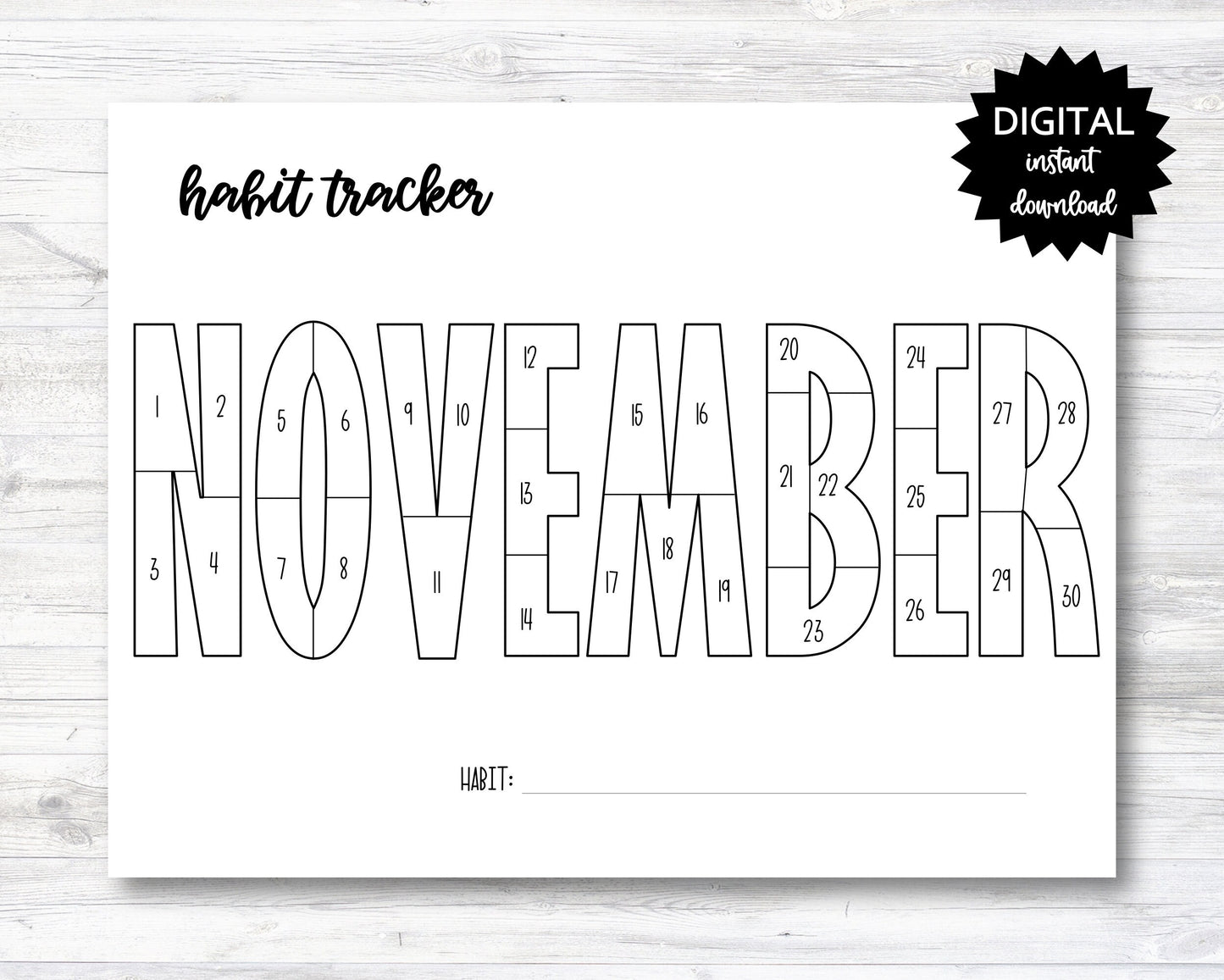 November Habit Tracker Coloring Sheet Printable, Month Habit Tracker Coloring Sheet - PRINTABLE (N015_11B)