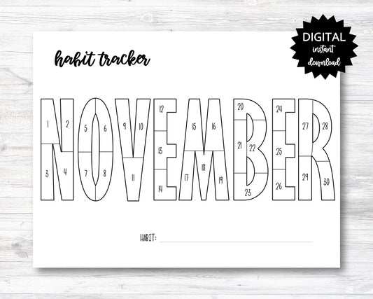 November Habit Tracker Coloring Sheet Printable, Month Habit Tracker Coloring Sheet - PRINTABLE (N015_11B)