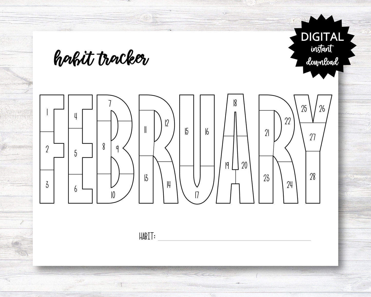 February Habit Tracker Coloring Sheet Printable, Month Habit Tracker Coloring Sheet - PRINTABLE (N015_2B)