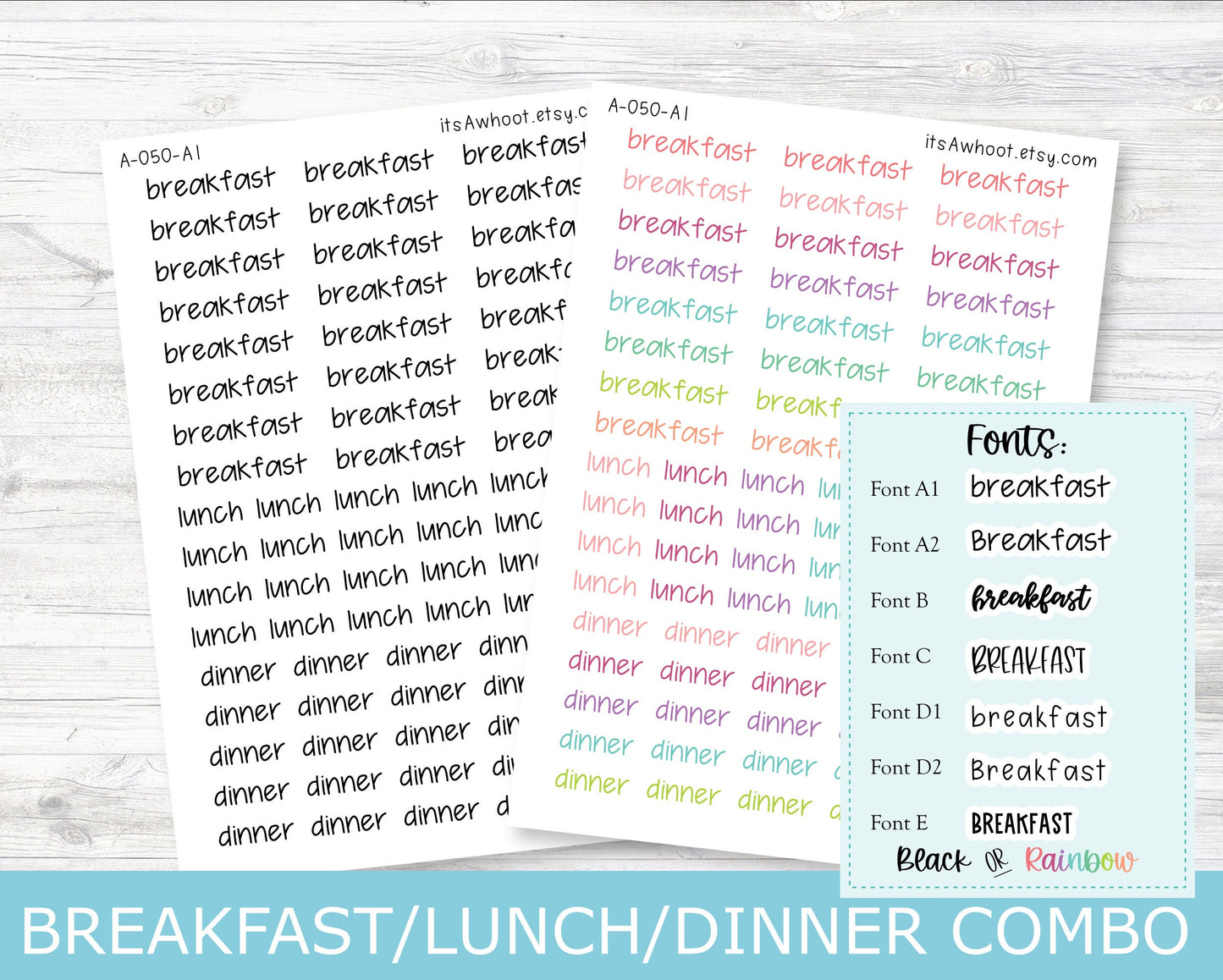BREAKFAST / LUNCH / DINNER combo Script Planner Stickers - Multiple Fonts/Colors Available (A050)