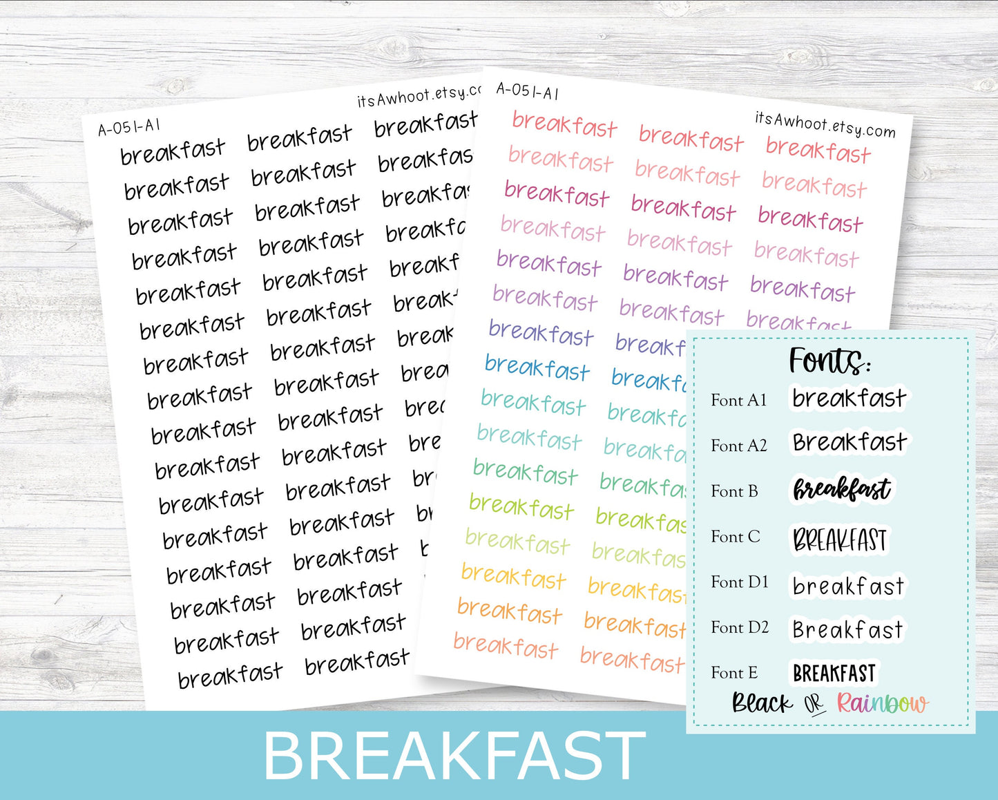 BREAKFAST Script Planner Stickers - Multiple Fonts/Colors Available (A051)