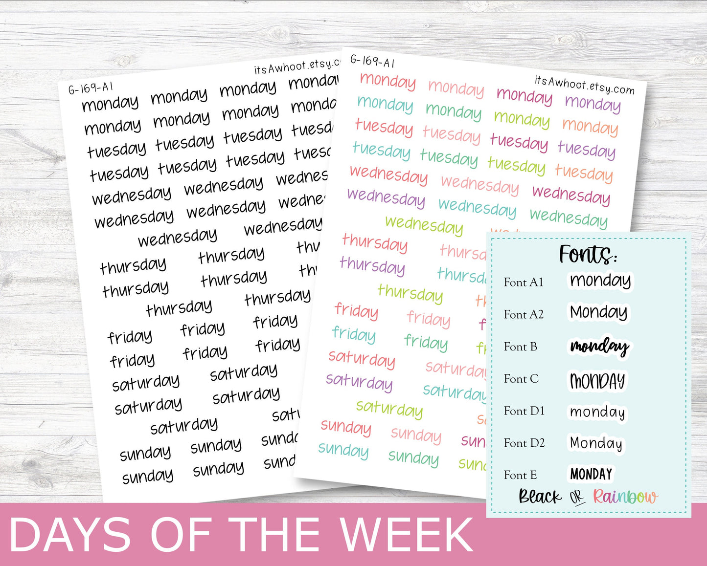DAYS of the WEEK Script Planner Stickers - Multiple Fonts/Colors Available (G169)