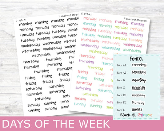 DAYS of the WEEK Script Planner Stickers - Multiple Fonts/Colors Available (G169)
