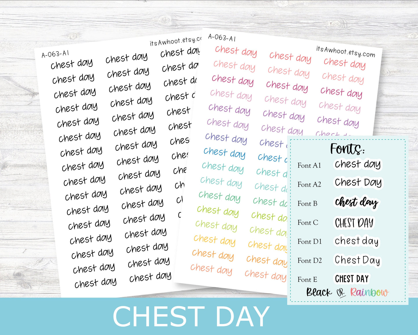 CHEST DAY Script Planner Stickers - Multiple Fonts/Colors Available (A063)