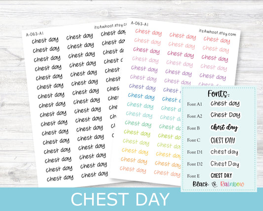 CHEST DAY Script Planner Stickers - Multiple Fonts/Colors Available (A063)