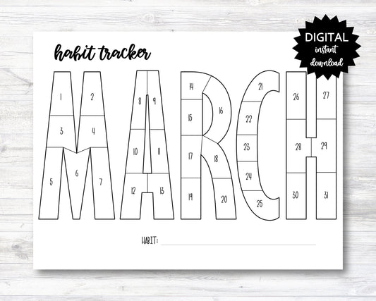 March Habit Tracker Coloring Sheet Printable, Month Habit Tracker Coloring Sheet - PRINTABLE (N015_3B)