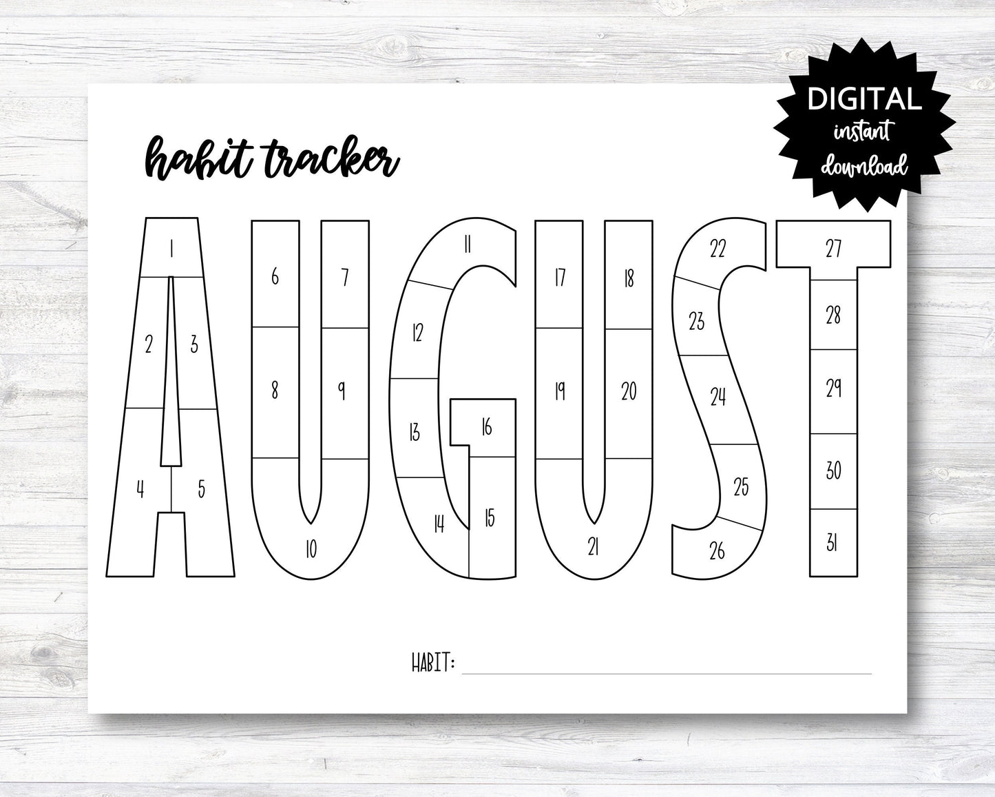 August Habit Tracker Coloring Sheet Printable, Month Habit Tracker Coloring Sheet - PRINTABLE (N015_8B)