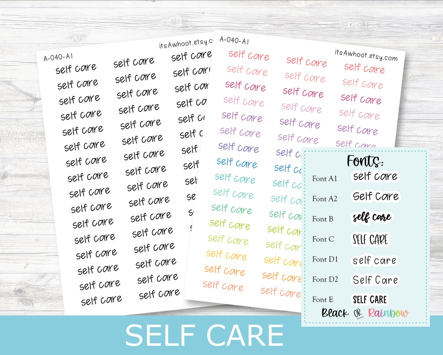 SELF CARE Script Planner Stickers - Multiple Fonts/Colors Available (A040)