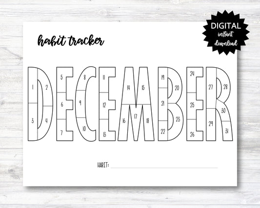 December Habit Tracker Coloring Sheet Printable, Month Habit Tracker Coloring Sheet - PRINTABLE (N015_12B)