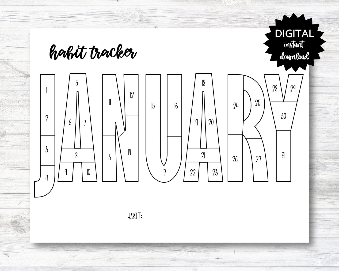 January Habit Tracker Coloring Sheet Printable, Month Habit Tracker Coloring Sheet - PRINTABLE (N015_1B)