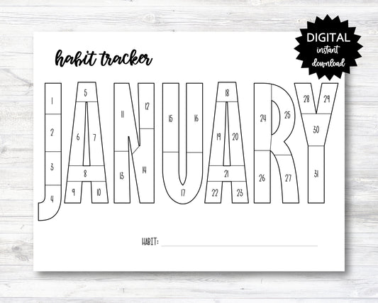 January Habit Tracker Coloring Sheet Printable, Month Habit Tracker Coloring Sheet - PRINTABLE (N015_1B)