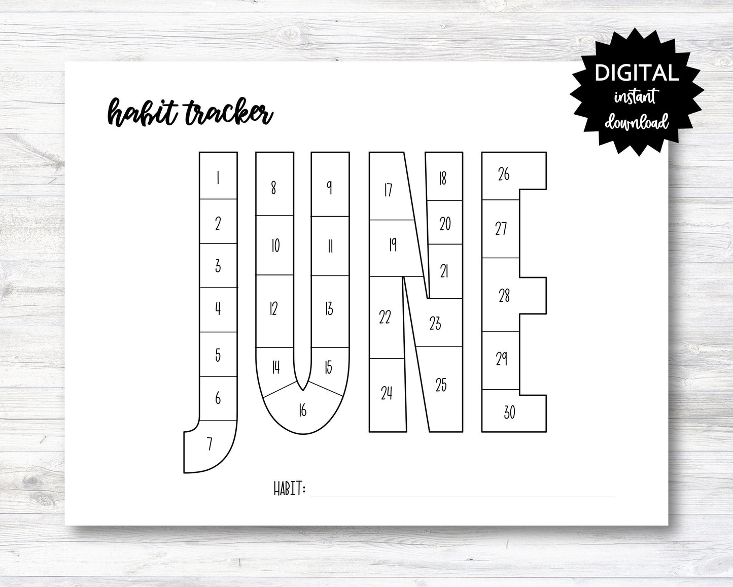 June Habit Tracker Coloring Sheet Printable, Month Habit Tracker Coloring Sheet - PRINTABLE (N015_6B)