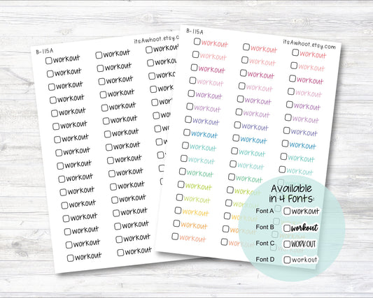 Workout with Checkbox Script Stickers, Workout Planner Stickers  (B115)