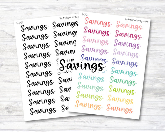 SAVINGS Script Header Stickers, Savings Planner Stickers (G201)