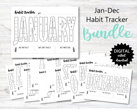 January - December Habit Tracker Coloring Sheets Printable Bundle, Month Habit Tracker Coloring Sheets - PRINTABLE (N015-Bundle)