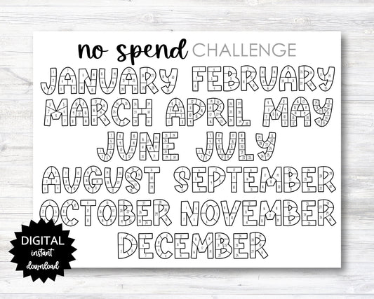 No Spend Challenge Tracker Coloring Page Printable, Coloring No Spend Calendar, Year No Spend Coloring Sheet - PRINTABLE (N036)