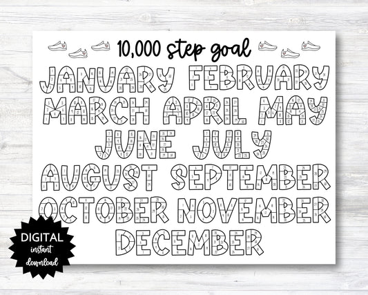 10,000 Steps Goal Tracker Coloring Page Printable, Step Tracker Calendar, Year Steps Goal Tracking Coloring Sheet - PRINTABLE (N001_8)