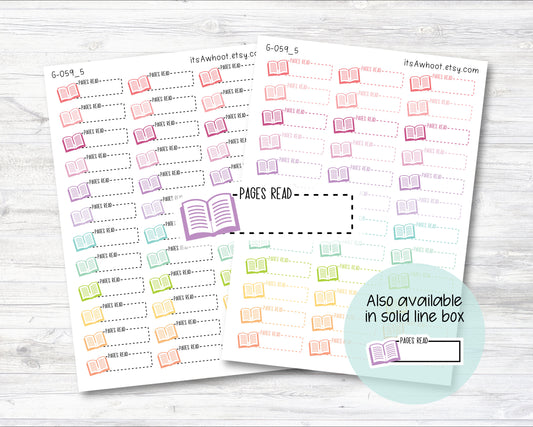 PAGES READ with Book icon Quarter Box Label Planner Stickers - Dash or Solid (G059_5)