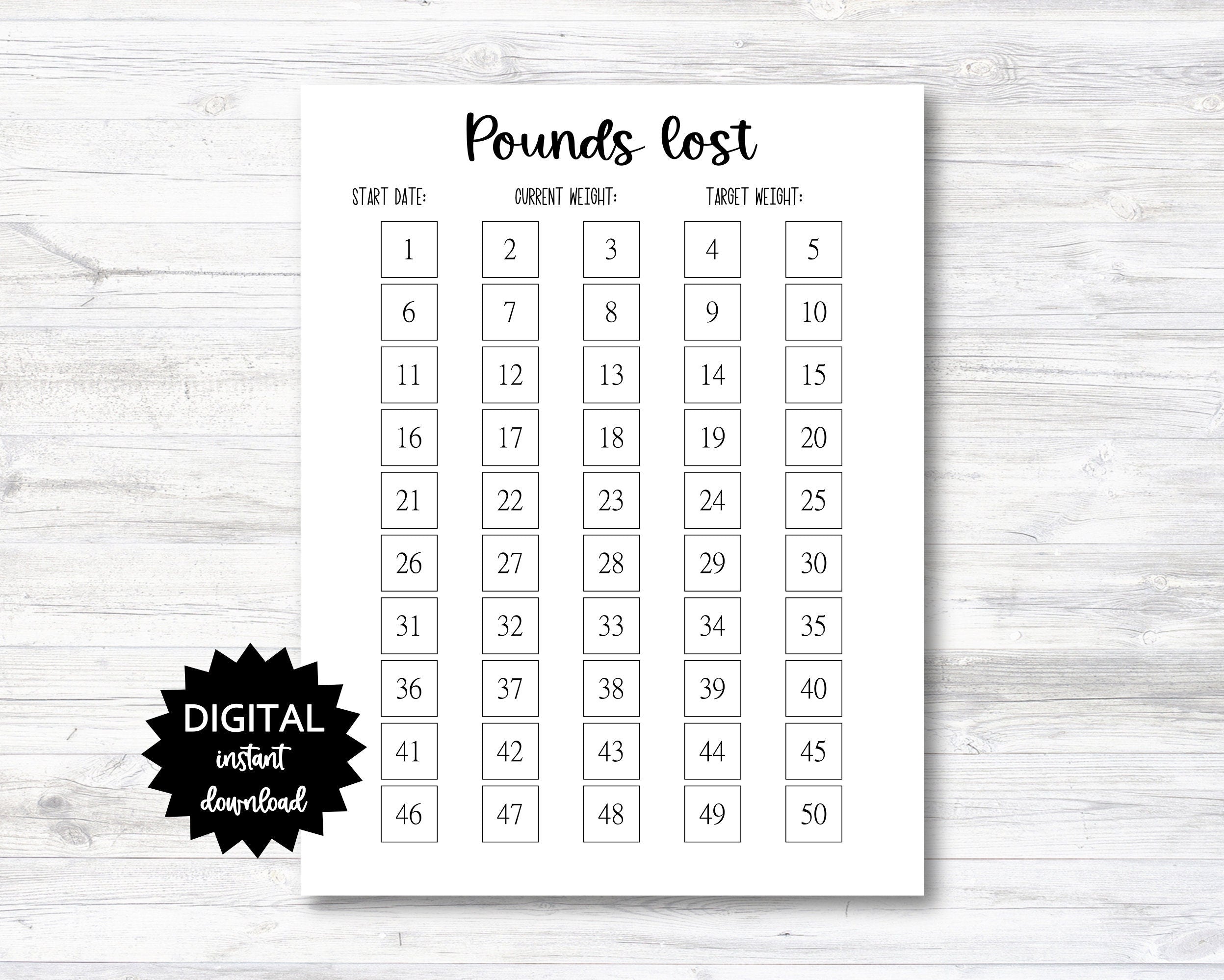pounds lost printable, 50 pounds lost tracker, 50 lbs lost digital
