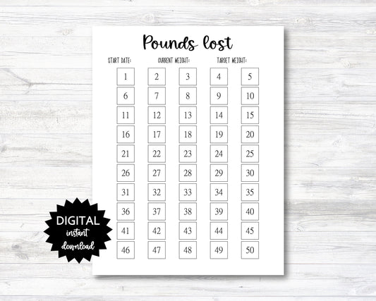 Pounds Lost Printable, 50 Pounds Lost Tracker, 50 Lbs Lost Digital Download Planner Page - Minimalistic Black & White - PRINTABLE (N009_22)