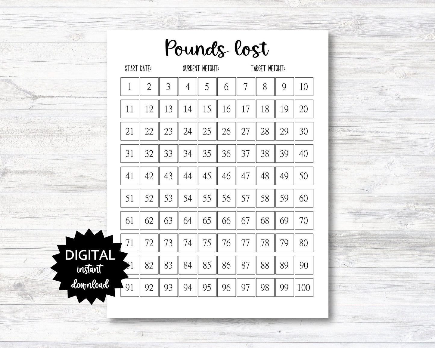 Pounds Lost Printable, 100 Pounds Lost Tracker, 100 Lbs Lost Digital Download Planner Page - Minimalistic Black & White- PRINTABLE (N009_24)
