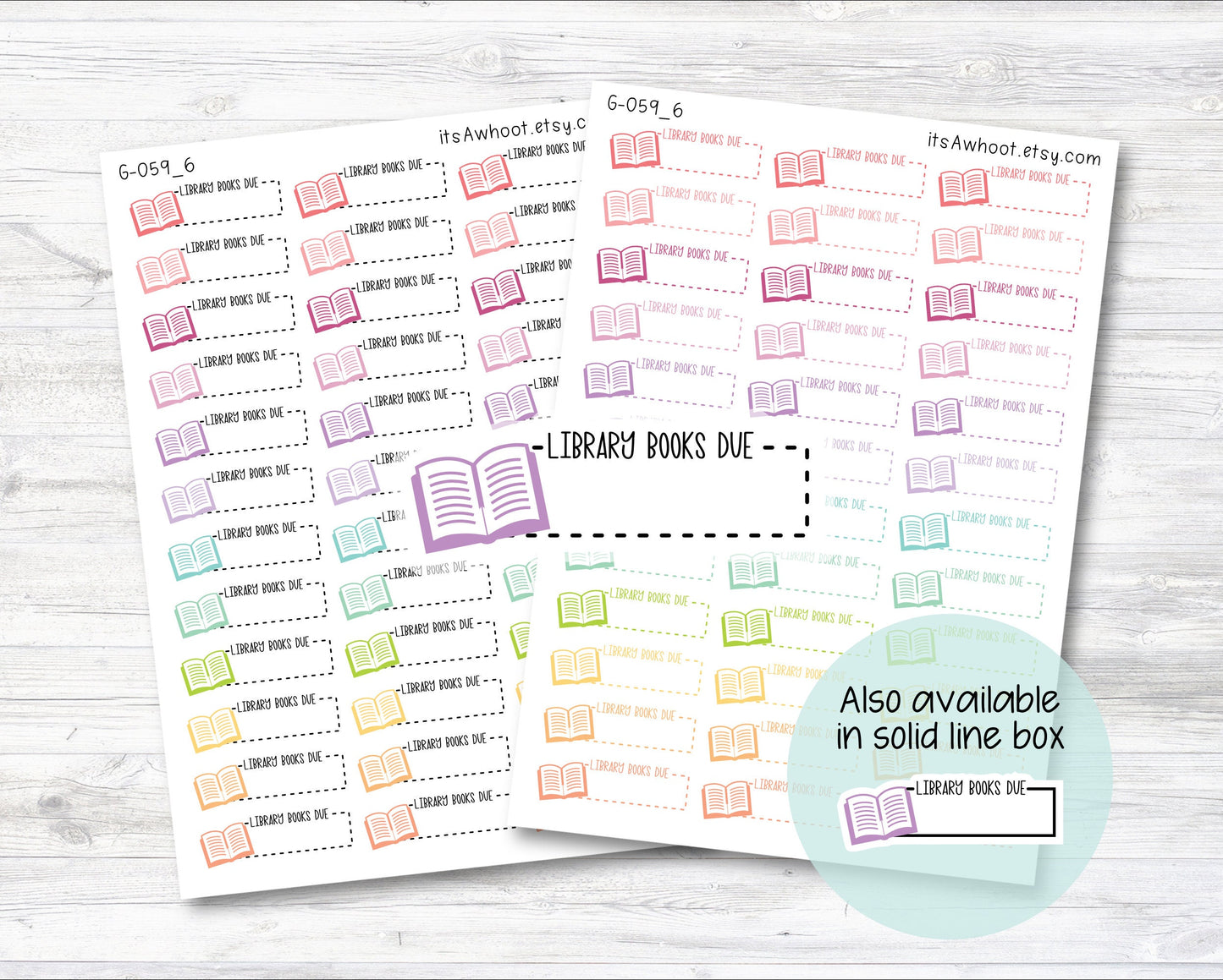 LIBRARY BOOKS DUE with Book icon Quarter Box Label Planner Stickers - Dash or Solid (G059_6)