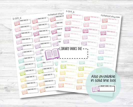 LIBRARY BOOKS DUE with Book icon Quarter Box Label Planner Stickers - Dash or Solid (G059_6)