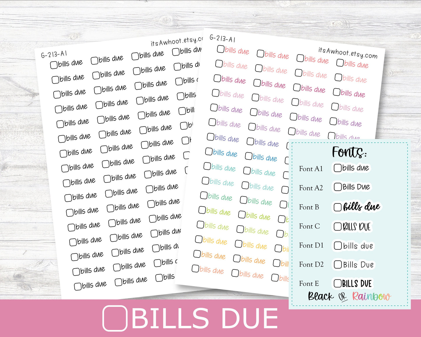 BILLS DUE w/ checkbox Script Planner Stickers - Multiple Fonts/Colors Available (G213)