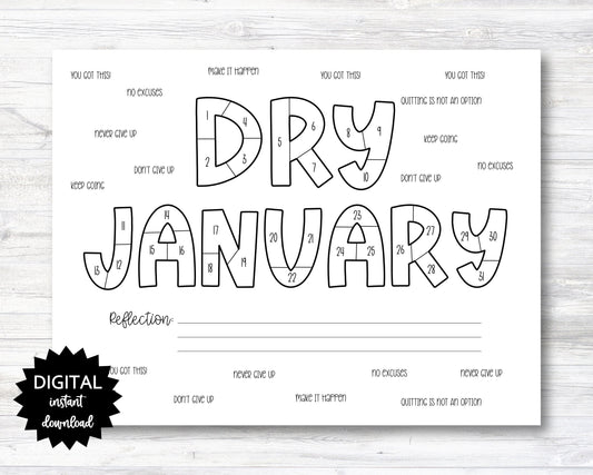 Dry January Challenge Habit Tracker Coloring Sheet Printable - PRINTABLE (N043)