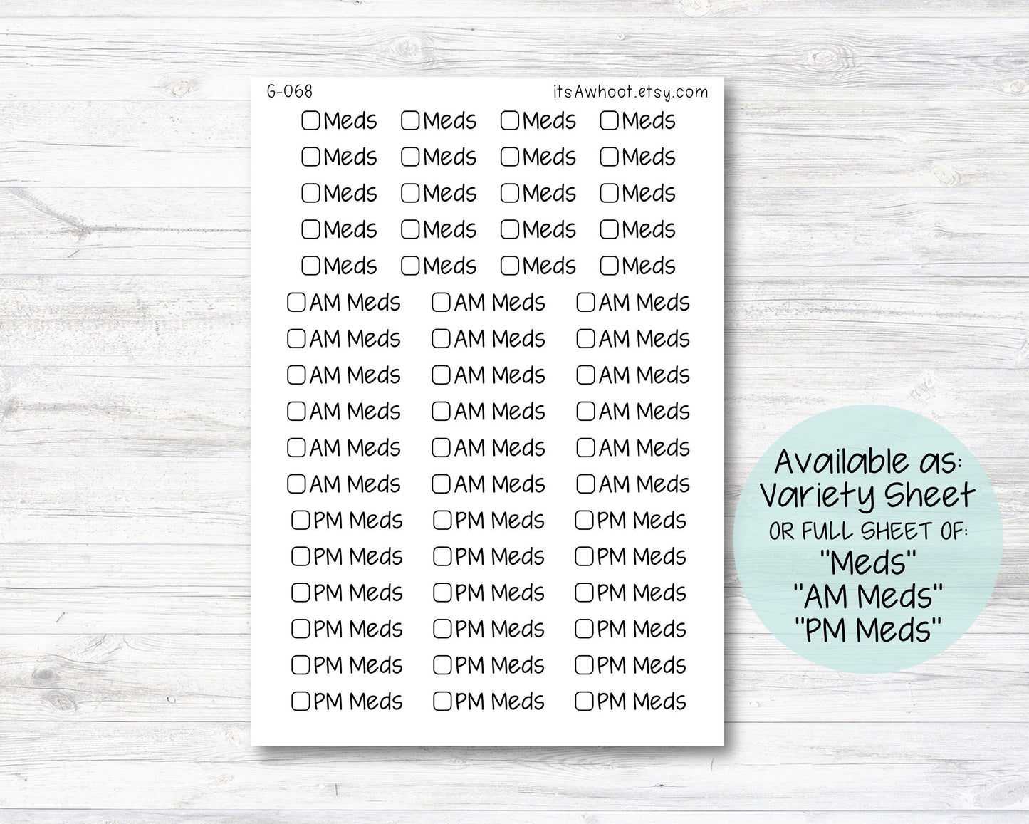 Meds with Checkbox Script Stickers, AM Meds Stickers, PM Meds Stickers, Meds Planner Stickers - Variety Sheet (G068)