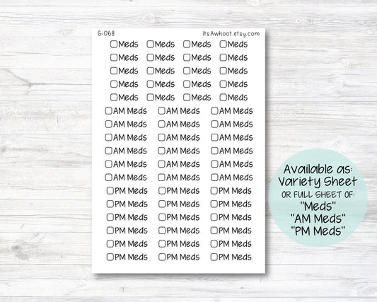 Meds with Checkbox Script Stickers, AM Meds Stickers, PM Meds Stickers, Meds Planner Stickers - Variety Sheet (G068)