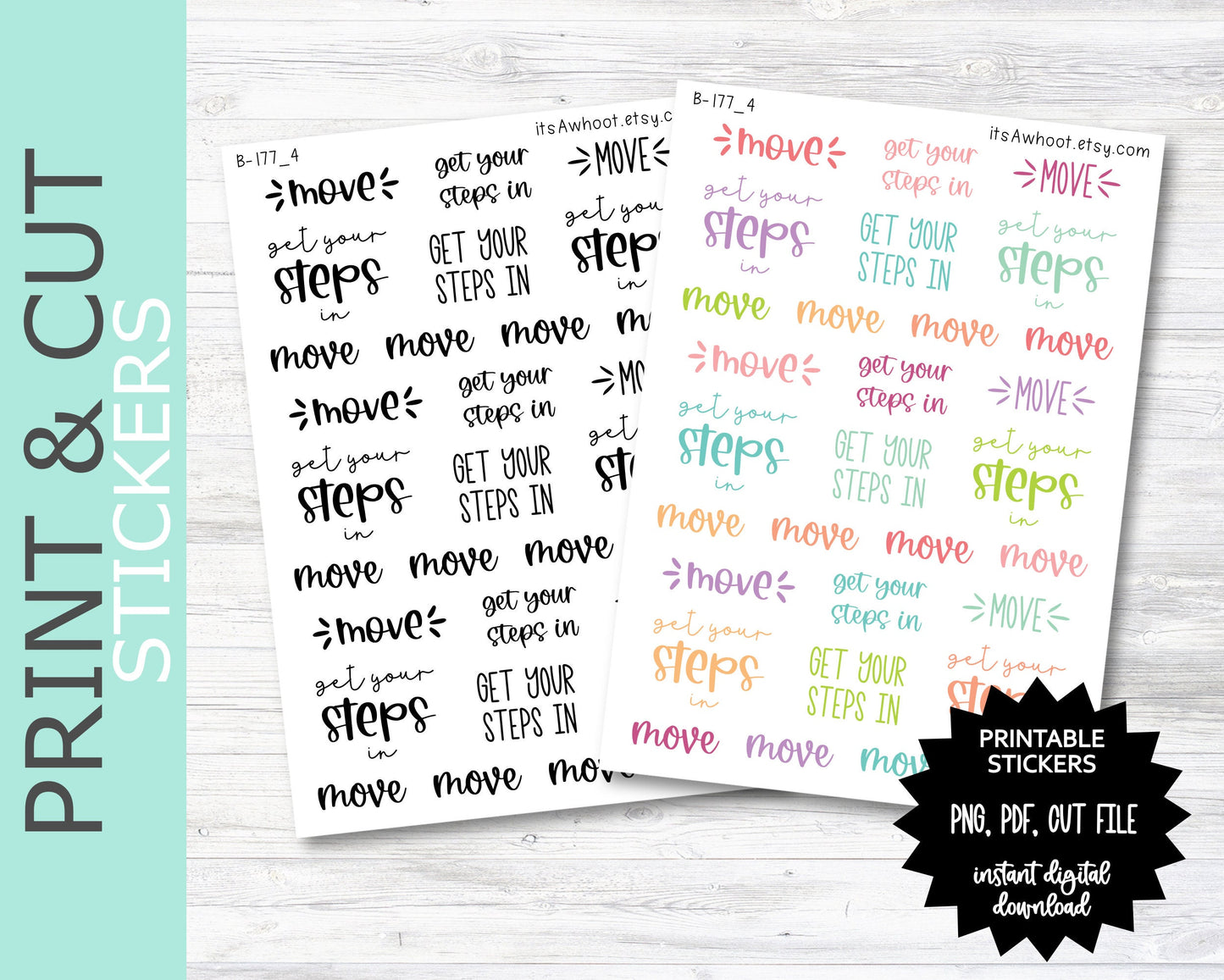 Steps, Move, Activity Motivation/Inspiration Script PRINT & CUT Planner Stickers (B177_4PC)