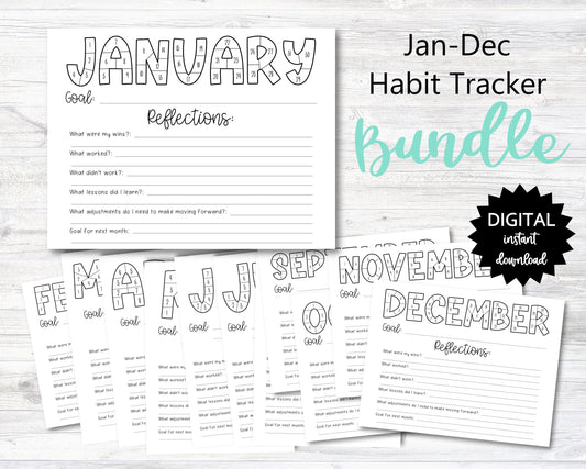 January - December Habit Tracker Coloring Sheets Printable Bundle, Month Habit Tracker, Monthly Reflections - PRINTABLE (N015A-Bundle)