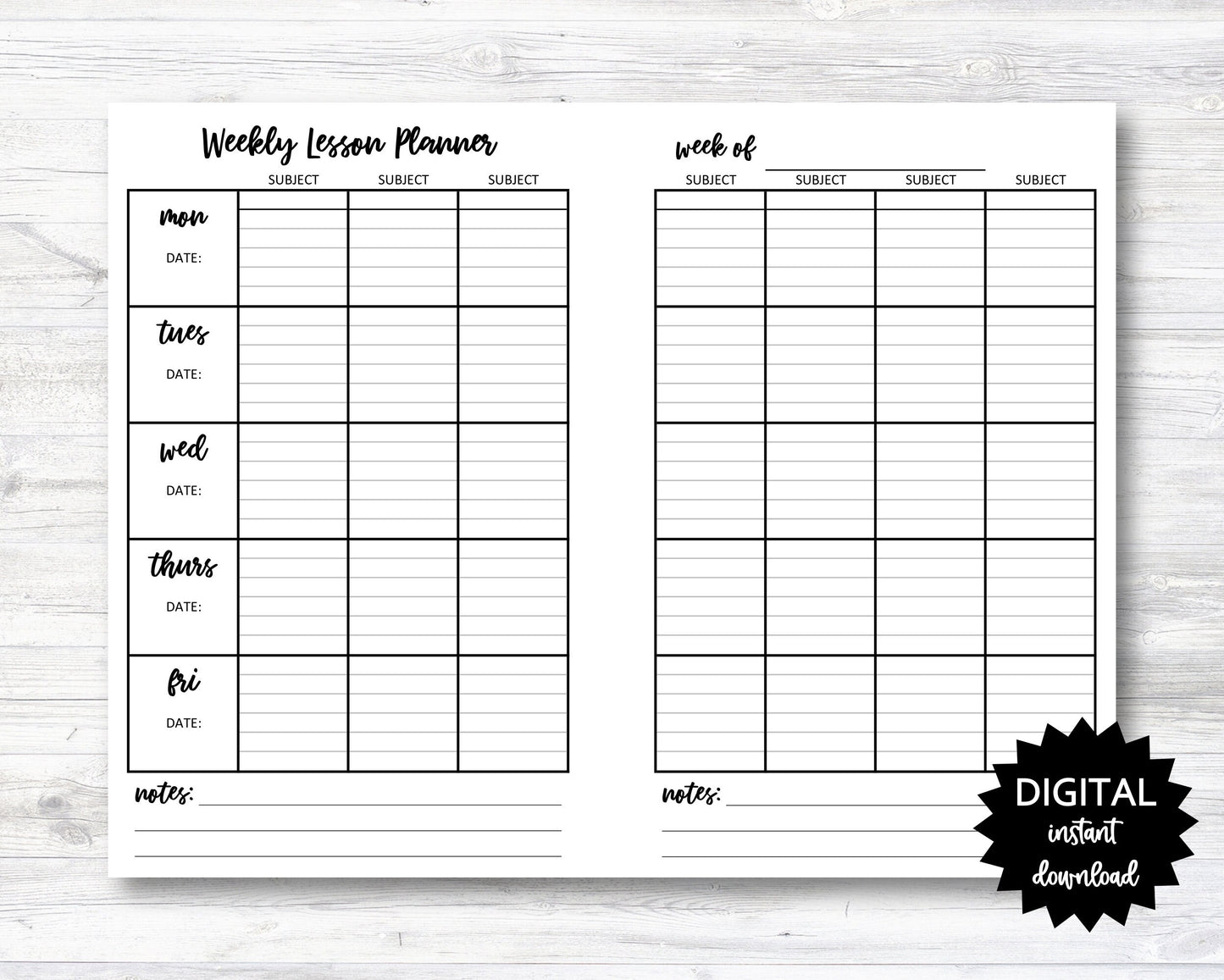 Weekly Lesson Plan, Teacher Lesson Plan Digital Download - PRINTABLE (N045)