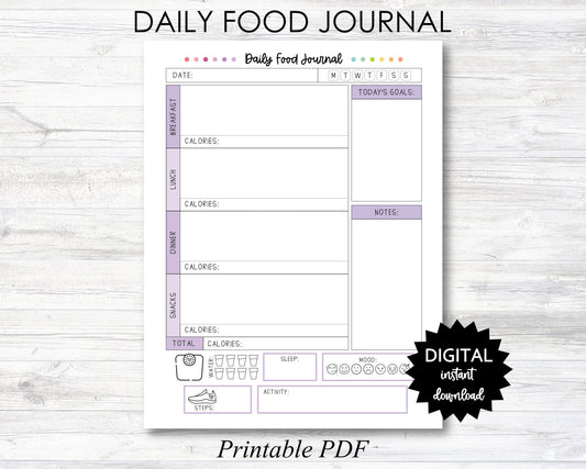 Daily Food Journal, Daily Food Journal Printable, Daily Food Journal Planner Page, Food Diary, Calorie Tracker - Purple - PRINTABLE (N047_2)